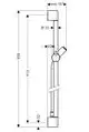 Hansgrohe Brausestange mit verstellbarem Halter, runder Form und seitlichen Anschlüssen, um einen Brauseschlauch zu befestigen. Technisches Diagramm zeigt Maße und Details.